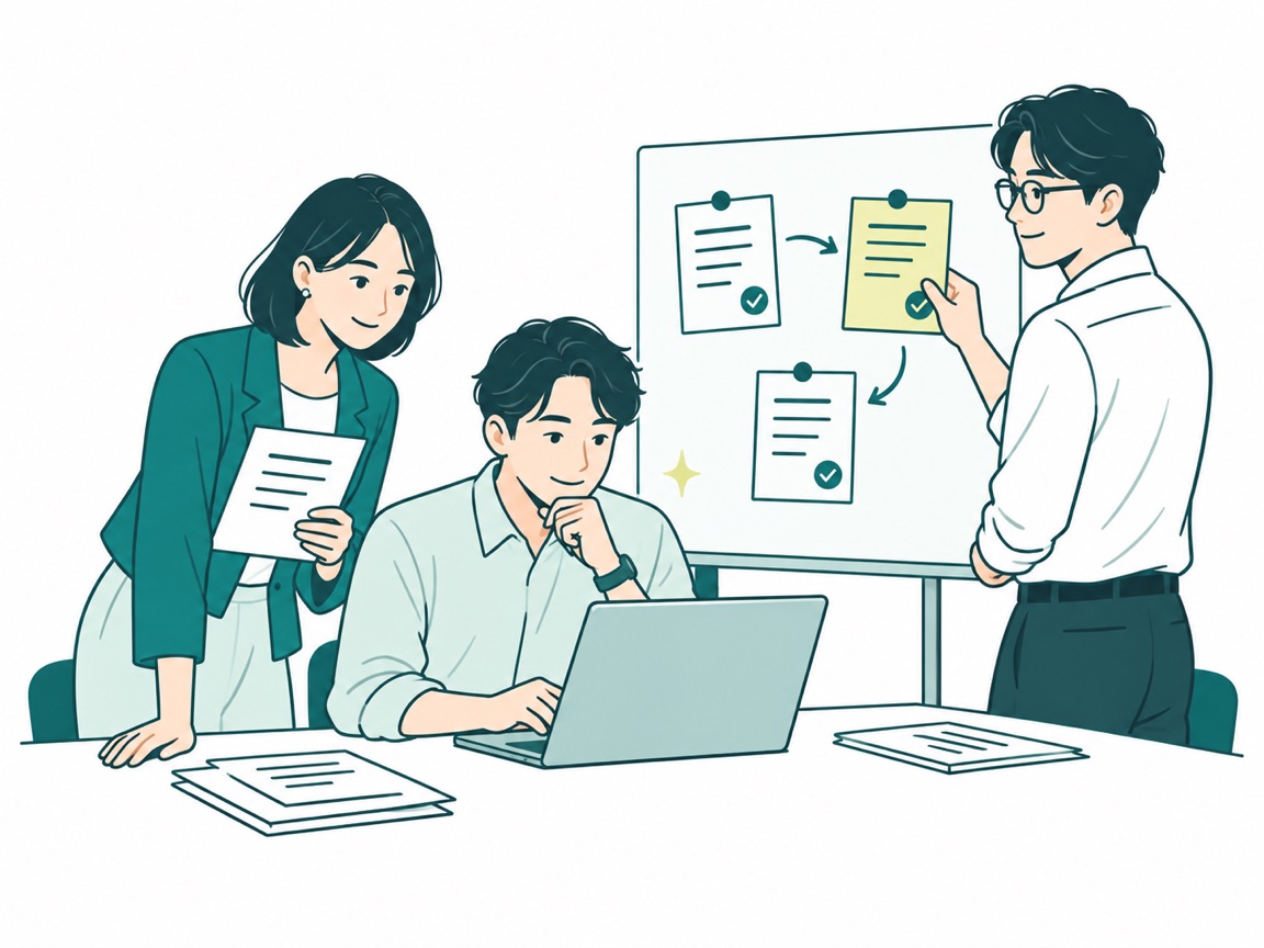 会社の現場で担当者と資料・パソコンを囲み、AIで整理した内容をその場で確認するイラスト